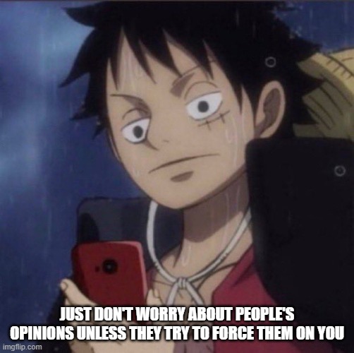luffy phone | JUST DON'T WORRY ABOUT PEOPLE'S OPINIONS UNLESS THEY TRY TO FORCE THEM ON YOU | image tagged in luffy phone | made w/ Imgflip meme maker