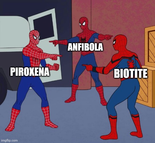 biotite piroxena e anfibola be like : | ANFIBOLA; PIROXENA; BIOTITE | image tagged in spider man triple | made w/ Imgflip meme maker