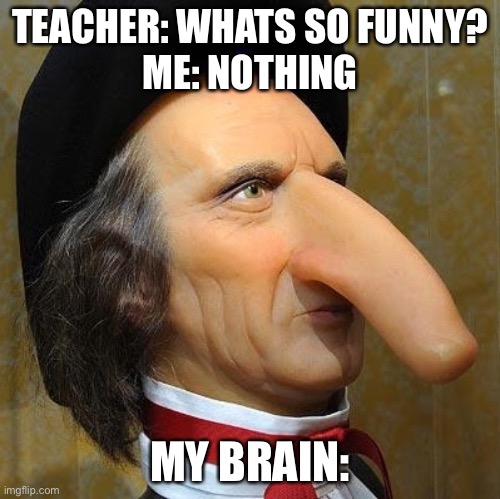 funny nose | TEACHER: WHATS SO FUNNY?
ME: NOTHING; MY BRAIN: | image tagged in funny nose | made w/ Imgflip meme maker