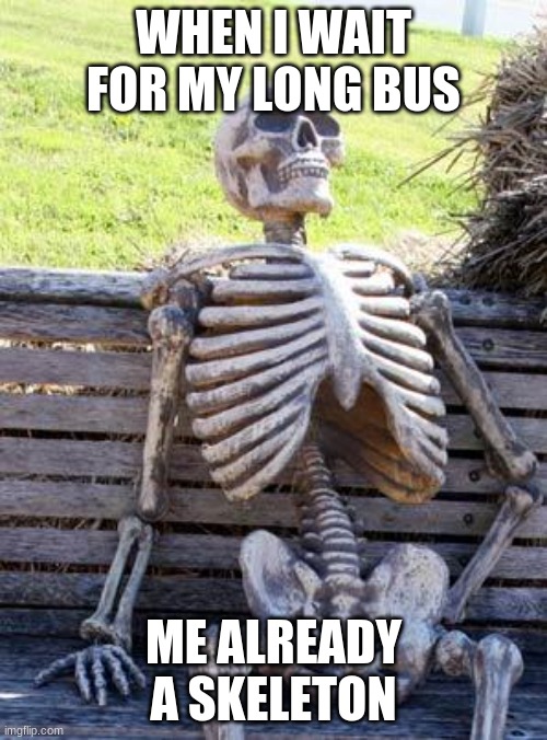 long bus | WHEN I WAIT FOR MY LONG BUS; ME ALREADY A SKELETON | image tagged in memes,waiting skeleton | made w/ Imgflip meme maker