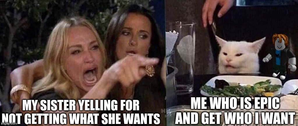 my sister vs me | MY SISTER YELLING FOR NOT GETTING WHAT SHE WANTS; ME WHO IS EPIC AND GET WHO I WANT | image tagged in woman yelling at cat | made w/ Imgflip meme maker