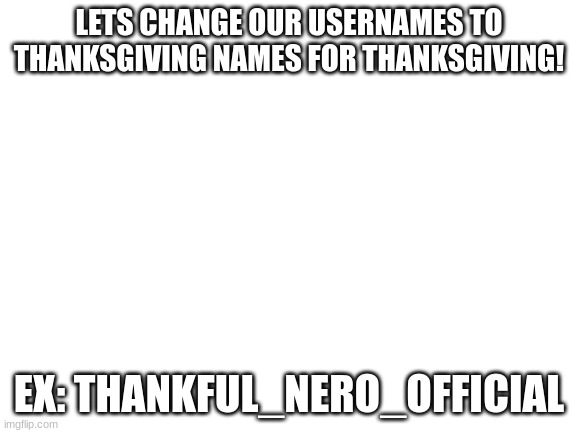 its that time of year! | LETS CHANGE OUR USERNAMES TO THANKSGIVING NAMES FOR THANKSGIVING! EX: THANKFUL_NERO_OFFICIAL | image tagged in blank white template | made w/ Imgflip meme maker