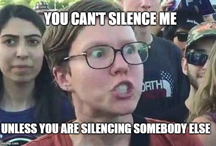 Triggered Liberal | UNLESS YOU ARE SILENCING SOMEBODY ELSE YOU CAN'T SILENCE ME | image tagged in triggered liberal | made w/ Imgflip meme maker