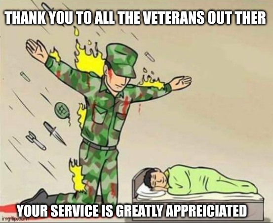 Soldier protecting sleeping child | THANK YOU TO ALL THE VETERANS OUT THER; YOUR SERVICE IS GREATLY APPREICIATED | image tagged in soldier protecting sleeping child | made w/ Imgflip meme maker
