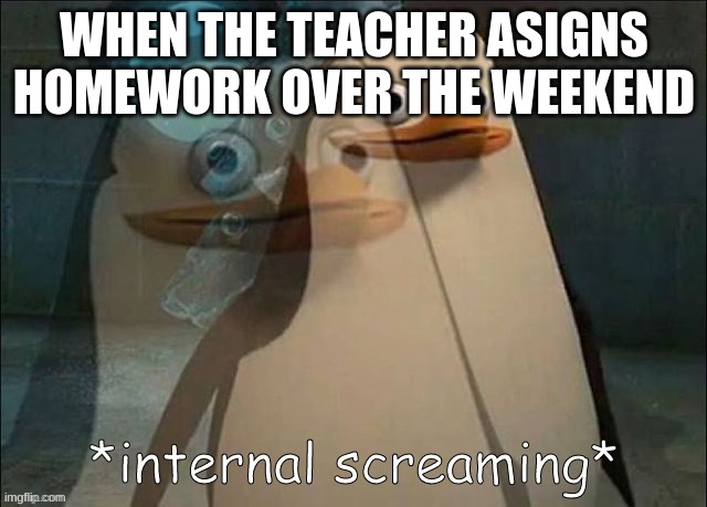 Private Internal Screaming | WHEN THE TEACHER ASSIGNS HOMEWORK OVER THE WEEKEND | image tagged in rico internal screaming | made w/ Imgflip meme maker