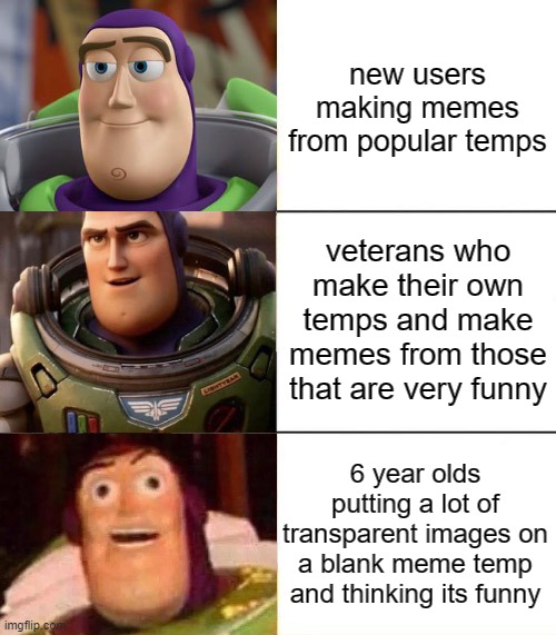 Better, best, blurst lightyear edition | new users making memes from popular temps; veterans who make their own temps and make memes from those that are very funny; 6 year olds putting a lot of transparent images on a blank meme temp and thinking its funny | image tagged in better best blurst lightyear edition | made w/ Imgflip meme maker