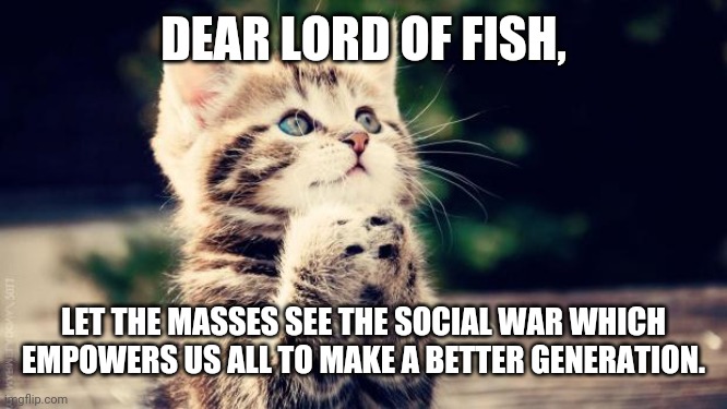 Praying cat | DEAR LORD OF FISH, LET THE MASSES SEE THE SOCIAL WAR WHICH EMPOWERS US ALL TO MAKE A BETTER GENERATION. | image tagged in praying cat | made w/ Imgflip meme maker