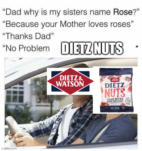 no, seriously. why dietz nuts | DIETZ NUTS | image tagged in why is my sister's name rose,dietz nuts,dietz and watson | made w/ Imgflip meme maker
