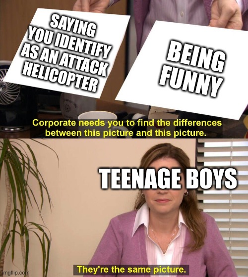 This Is so True |  SAYING YOU IDENTIFY AS AN ATTACK HELICOPTER; BEING FUNNY; TEENAGE BOYS | image tagged in they are the same picture,non-binary | made w/ Imgflip meme maker