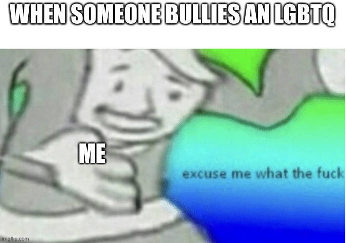 . | WHEN SOMEONE BULLIES AN LGBTQ; ME | image tagged in excuse me what the f ck | made w/ Imgflip meme maker