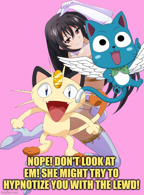 Meowth stops the lewd! | NOPE! DON'T LOOK AT EM! SHE MIGHT TRY TO HYPNOTIZE YOU WITH THE LEWD! | image tagged in censorship,lewd,anime girl,meowth,pokemon | made w/ Imgflip meme maker