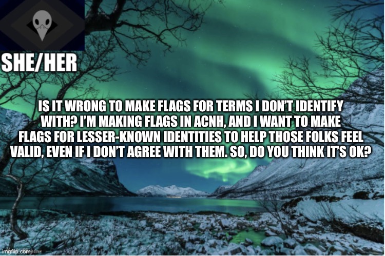Northern Lights Termcollector Template | IS IT WRONG TO MAKE FLAGS FOR TERMS I DON’T IDENTIFY WITH? I’M MAKING FLAGS IN ACNH, AND I WANT TO MAKE FLAGS FOR LESSER-KNOWN IDENTITIES TO HELP THOSE FOLKS FEEL VALID, EVEN IF I DON’T AGREE WITH THEM. SO, DO YOU THINK IT’S OK? | image tagged in northern lights termcollector template | made w/ Imgflip meme maker