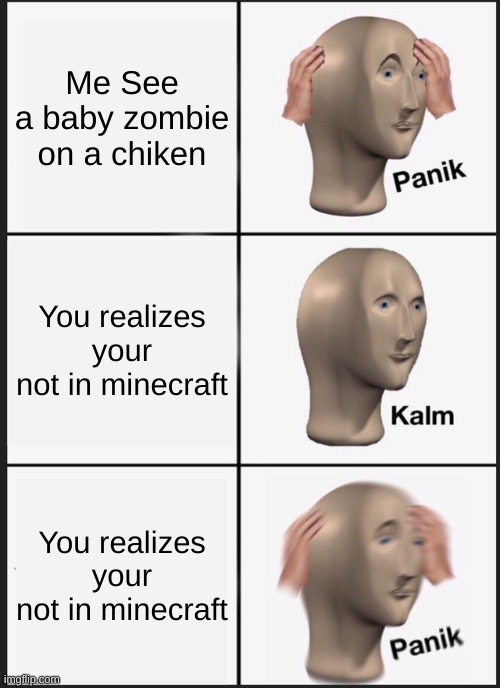 Panik Kalm Panik | Me See a baby zombie on a chiken; You realizes your not in minecraft; You realizes your not in minecraft | image tagged in memes,panik kalm panik | made w/ Imgflip meme maker