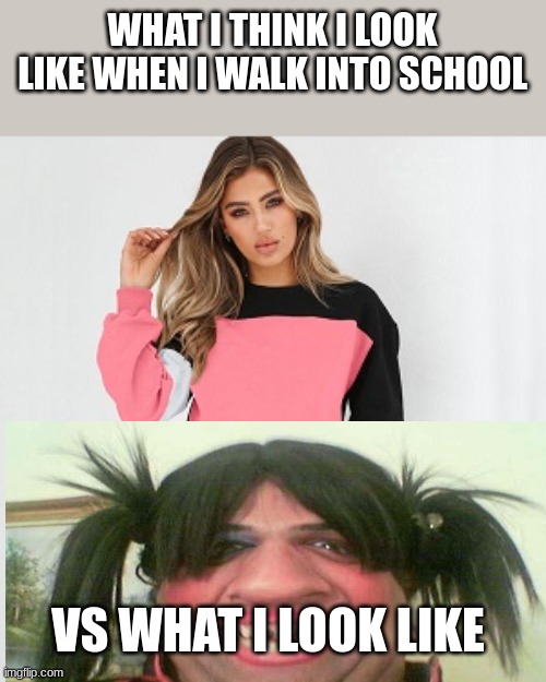 exceptions | WHAT I THINK I LOOK LIKE WHEN I WALK INTO SCHOOL; VS WHAT I LOOK LIKE | image tagged in luxury fashion clothing manufacturers | made w/ Imgflip meme maker
