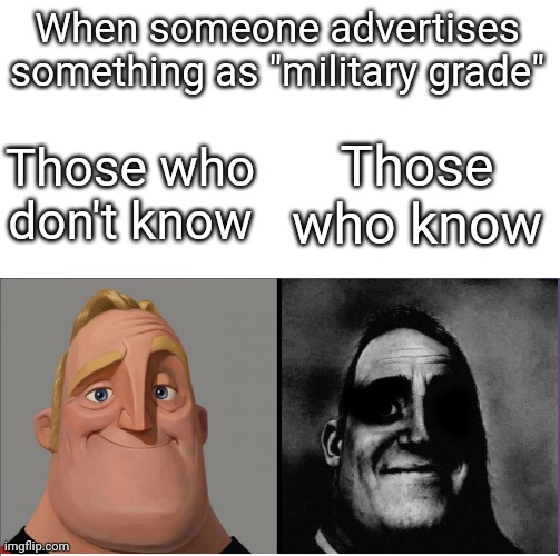 "Military Grade" | When someone advertises something as "military grade"; Those who don't know; Those who know | image tagged in mr incredible those who know | made w/ Imgflip meme maker