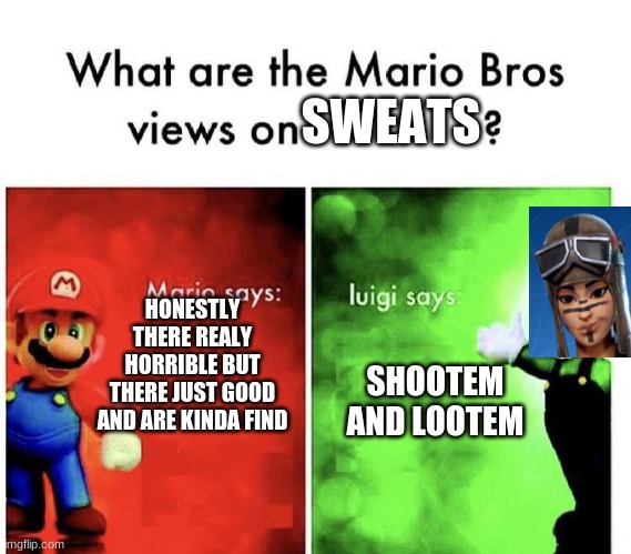 Mario Bros Views | SWEATS; HONESTLY THERE REALY HORRIBLE BUT THERE JUST GOOD AND ARE KINDA FIND; SHOOTEM AND LOOTEM | image tagged in mario bros views | made w/ Imgflip meme maker