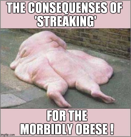 Streaking Or Indecent Exposure ? | THE CONSEQUENSES OF 
'STREAKING'; FOR THE MORBIDLY OBESE ! | image tagged in streaking,obese,dark humour | made w/ Imgflip meme maker