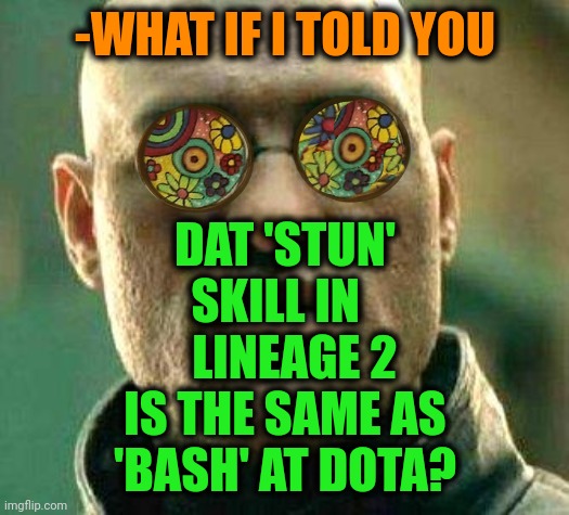 -Same disoriented. | DAT 'STUN' SKILL IN     LINEAGE 2 IS THE SAME AS 'BASH' AT DOTA? -WHAT IF I TOLD YOU | image tagged in acid kicks in morpheus,mmorpg,cyberpunk,dotard,mass effect,axe | made w/ Imgflip meme maker
