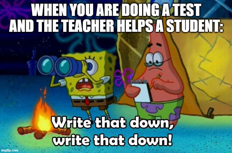 Write that down! | WHEN YOU ARE DOING A TEST AND THE TEACHER HELPS A STUDENT: | image tagged in write that down,luna_the_dragon,tru,teacher,help,test | made w/ Imgflip meme maker