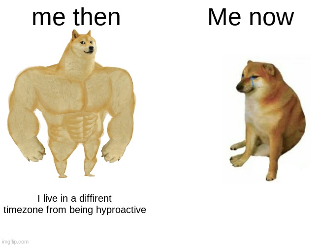 Buff Doge vs. Cheems | me then; Me now; I live in a different timezone from being hyperactive | image tagged in memes,buff doge vs cheems | made w/ Imgflip meme maker