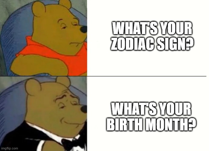 Idk | WHAT'S YOUR ZODIAC SIGN? WHAT'S YOUR BIRTH MONTH? | image tagged in fancy winnie the pooh meme | made w/ Imgflip meme maker