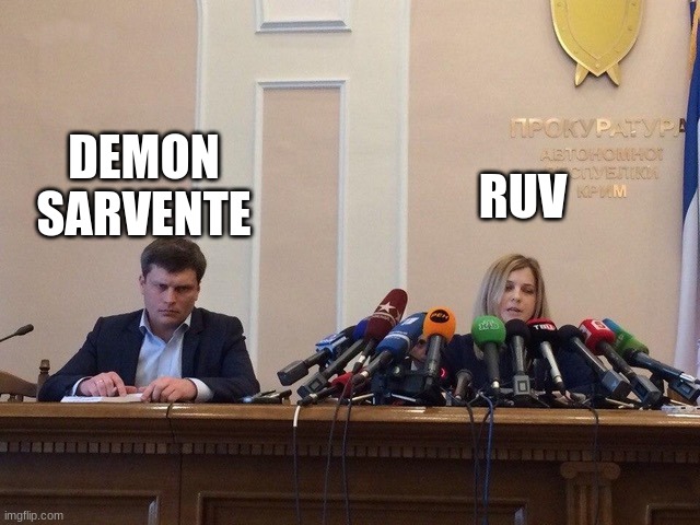 Gospel is tougher than Zavodila and the final song in the mod, yet Ruv is more popular. | DEMON SARVENTE; RUV | image tagged in reporter meme,friday night funkin | made w/ Imgflip meme maker