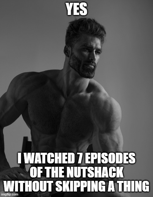 Giga Chad | YES; I WATCHED 7 EPISODES OF THE NUTSHACK
WITHOUT SKIPPING A THING | image tagged in giga chad | made w/ Imgflip meme maker