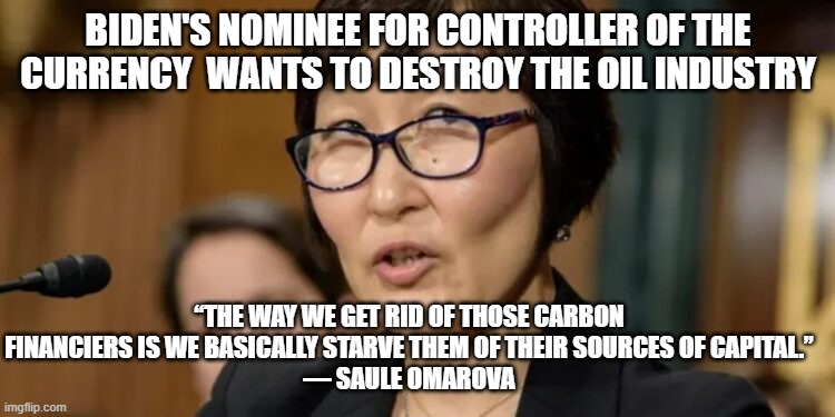 Biden's choiuce for  senior bank regulator wants to destroy the oil industry | BIDEN'S NOMINEE FOR CONTROLLER OF THE CURRENCY  WANTS TO DESTROY THE OIL INDUSTRY; “THE WAY WE GET RID OF THOSE CARBON FINANCIERS IS WE BASICALLY STARVE THEM OF THEIR SOURCES OF CAPITAL.”
— SAULE OMAROVA | image tagged in saule omarova | made w/ Imgflip meme maker