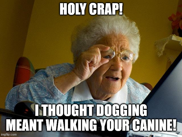 Dog |  HOLY CRAP! I THOUGHT DOGGING MEANT WALKING YOUR CANINE! | image tagged in memes,grandma finds the internet | made w/ Imgflip meme maker