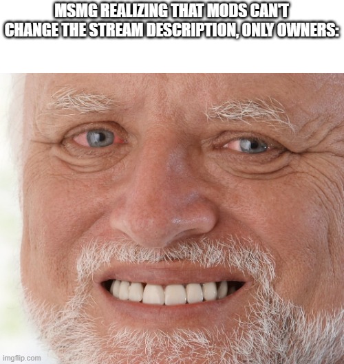lmfao, im dying | MSMG REALIZING THAT MODS CAN'T CHANGE THE STREAM DESCRIPTION, ONLY OWNERS: | image tagged in hide the pain harold | made w/ Imgflip meme maker