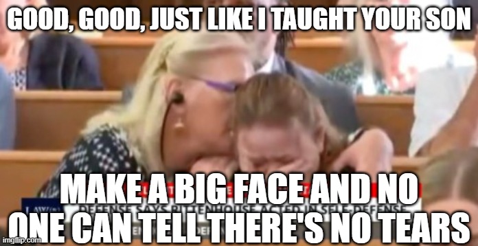 GOOD, GOOD, JUST LIKE I TAUGHT YOUR SON MAKE A BIG FACE AND NO ONE CAN TELL THERE'S NO TEARS | made w/ Imgflip meme maker