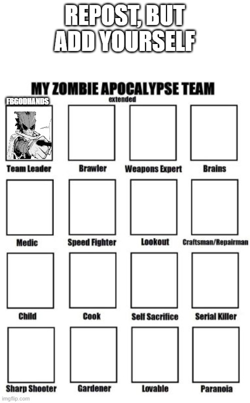 Zombie Apocalypse Team Extended | REPOST, BUT ADD YOURSELF; FBGODHANDS | image tagged in zombie apocalypse team extended | made w/ Imgflip meme maker