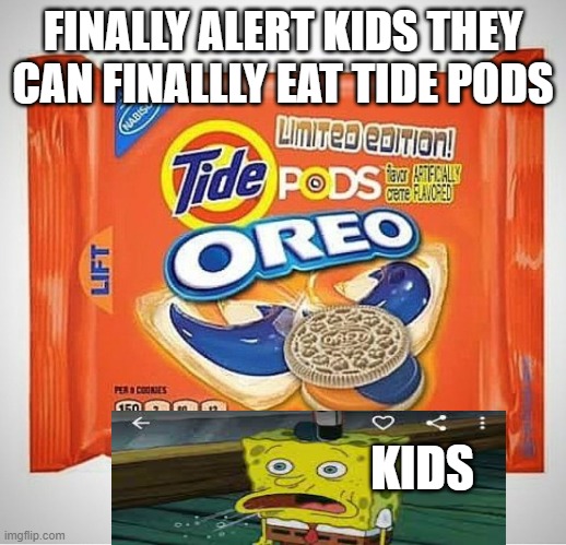 If this was real i would eat it | FINALLY ALERT KIDS THEY CAN FINALLLY EAT TIDE PODS; KIDS | image tagged in funny memes,funny | made w/ Imgflip meme maker