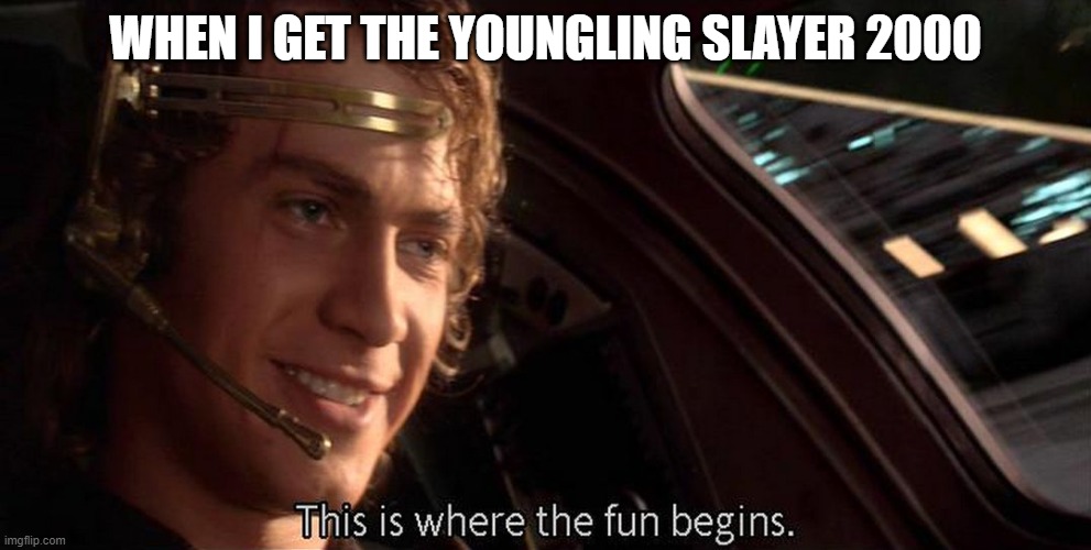 This is where the fun begins | WHEN I GET THE YOUNGLING SLAYER 2000 | image tagged in this is where the fun begins | made w/ Imgflip meme maker
