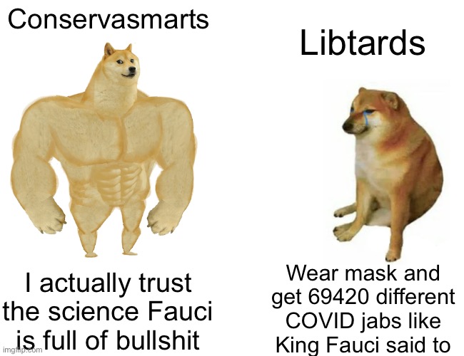 I tried to get the mask on the dog’s face but I couldn’t do enjoy this meme or whatever | Conservasmarts; Libtards; Wear mask and get 69420 different COVID jabs like King Fauci said to; I actually trust the science Fauci is full of bullshit | image tagged in memes,buff doge vs cheems,covid-19,oh wow are you actually reading these tags,dr fauci,stupid libtard logic | made w/ Imgflip meme maker