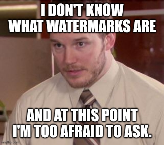 Andy Dwyer | I DON'T KNOW WHAT WATERMARKS ARE; AND AT THIS POINT I'M TOO AFRAID TO ASK. | image tagged in andy dwyer | made w/ Imgflip meme maker