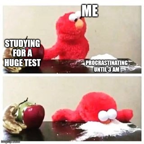 elmo cocaine | ME; STUDYING FOR A HUGE TEST; PROCRASTINATING UNTIL 3 AM | image tagged in elmo cocaine | made w/ Imgflip meme maker