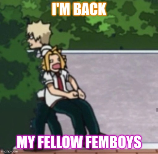 yes | I'M BACK; MY FELLOW FEMBOYS | image tagged in denki pulled into bush | made w/ Imgflip meme maker
