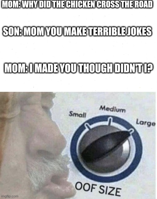 MOM: WHY DID THE CHICKEN CROSS THE ROAD; SON: MOM YOU MAKE TERRIBLE JOKES; MOM: I MADE YOU THOUGH DIDN'T I? | image tagged in oof size large | made w/ Imgflip meme maker