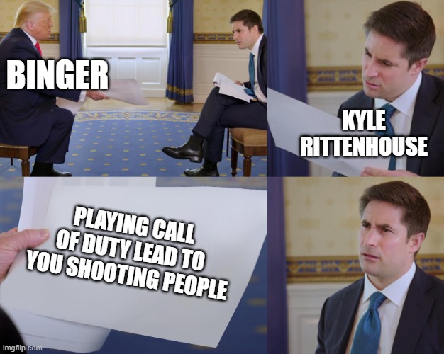 Binger COD | BINGER; KYLE RITTENHOUSE; PLAYING CALL OF DUTY LEAD TO YOU SHOOTING PEOPLE | image tagged in trump interview,kyle,rittenhouse,news,trial | made w/ Imgflip meme maker