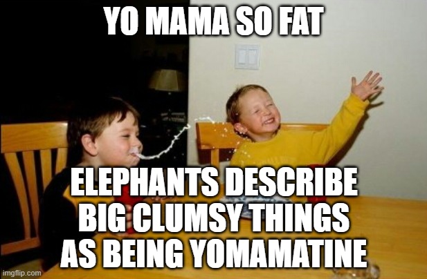 Yo Mamas So Fat | YO MAMA SO FAT; ELEPHANTS DESCRIBE BIG CLUMSY THINGS AS BEING YOMAMATINE | image tagged in memes,yo mamas so fat,funny memes,elephants,your mom | made w/ Imgflip meme maker