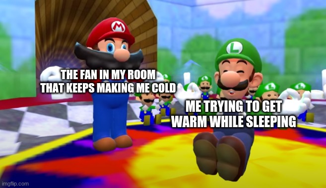 new smg4 meme template (Mario interrupting Luigi) | THE FAN IN MY ROOM THAT KEEPS MAKING ME COLD; ME TRYING TO GET WARM WHILE SLEEPING | image tagged in mario interrupting luigi | made w/ Imgflip meme maker