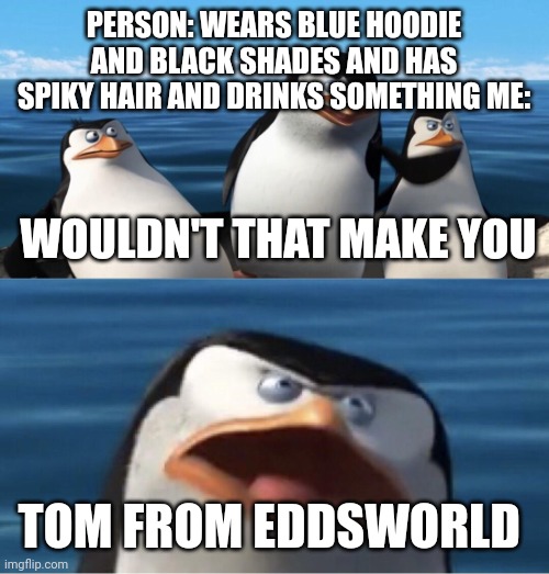 Wouldn't that make you | PERSON: WEARS BLUE HOODIE AND BLACK SHADES AND HAS SPIKY HAIR AND DRINKS SOMETHING ME:; WOULDN'T THAT MAKE YOU; TOM FROM EDDSWORLD | image tagged in wouldn't that make you | made w/ Imgflip meme maker