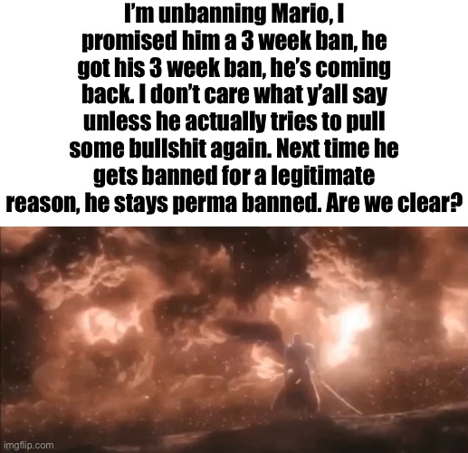 I’m unbanning Mario, I promised him a 3 week ban, he got his 3 week ban, he’s coming back. I don’t care what y’all say unless he actually tries to pull some bullshit again. Next time he gets banned for a legitimate reason, he stays perma banned. Are we clear? | made w/ Imgflip meme maker