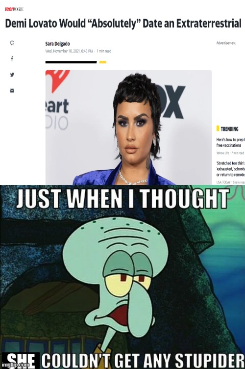 Someone help this woman | image tagged in squidward,demi lovato | made w/ Imgflip meme maker