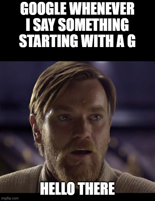 G | GOOGLE WHENEVER I SAY SOMETHING STARTING WITH A G; HELLO THERE | image tagged in hello there | made w/ Imgflip meme maker