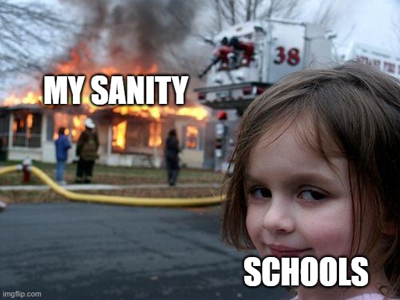 another relatable meme about school | MY SANITY; SCHOOLS | image tagged in memes,disaster girl | made w/ Imgflip meme maker