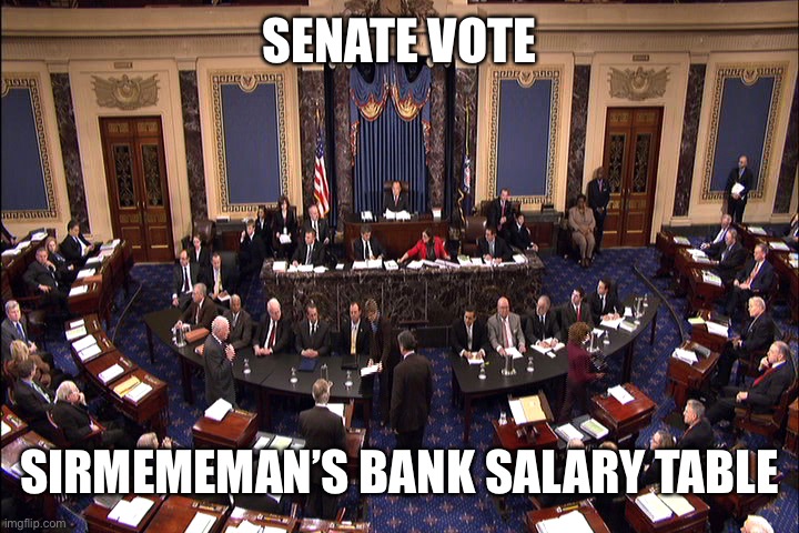 Senate floor | SENATE VOTE; SIRMEMEMAN’S BANK SALARY TABLE | image tagged in senate floor | made w/ Imgflip meme maker
