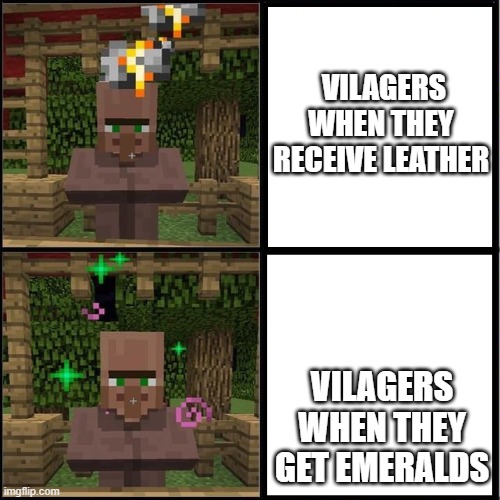 Drake Meme but it's the Minecraft Villager | VILAGERS WHEN THEY RECEIVE LEATHER; VILAGERS WHEN THEY GET EMERALDS | image tagged in drake meme but it's the minecraft villager | made w/ Imgflip meme maker