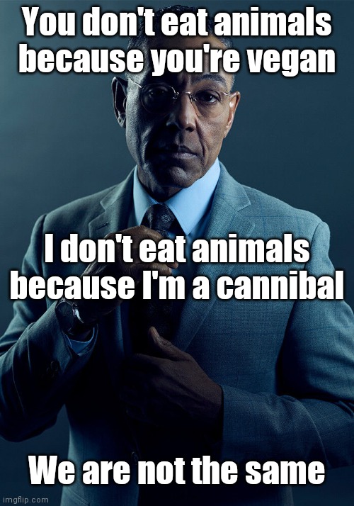 Gus Fring we are not the same | You don't eat animals because you're vegan I don't eat animals because I'm a cannibal We are not the same | image tagged in gus fring we are not the same | made w/ Imgflip meme maker